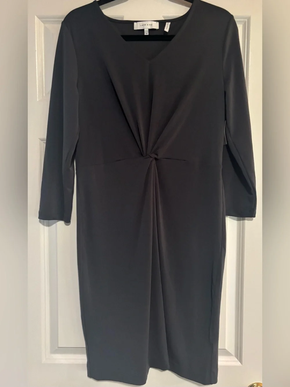Lark & Ro Twist-Front V-Neck Charcoal Sheath Dress, size 10